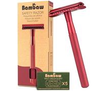 Bambaw Maquinilla Afeitar Clasica, Incluye 5 Cuchillas de Afeitar Doble Filo Afiladas y Resistentes al Óxido, Cuchilla Mujer y Hombre de Metal Reutilizable, Depilación Apurada y Precisa (Rojo)