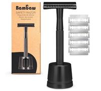 Bambaw - Maquinilla de Afeitar Clasica con Soporte de Afeitadora y con 5 cuchillas de afeitar, Single Blade Safety Razor, Compatible con Todas las Hojas de Afeitar - Negro
