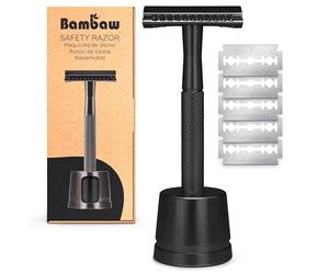 Bambaw Maquinilla de Afeitar Clasica con Soporte y 5 Hojas de Corte de Repuesto, Cuchilla Afeitar Clasica de Metal Equilibrada para un Buen Manejo, Afeitadora Manual Hombre (Negro)