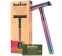 Bambaw Maquinilla de Afeitar Clasica, Incluye 5 Hojas de Corte de Repuesto, Cuchilla Afeitar Clasica de Metal con Mango Antideslizante, Libre de Plásticos, Perfecta para Cara y Cuerpo (Arcoíris)