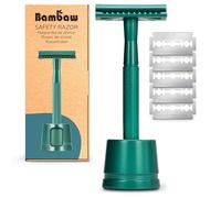 Bambaw Maquinilla de Afeitar Hombre Clasica con Soporte, Incluye 5 Hojas de Corte de Acero Inoxidable Sueco, Cuchilla de Afeitar Hombre Metálica con Mango Antideslizante, Afeitado Preciso (Verde Azul)