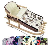 BambiniWelt Trineo de madera con respaldo y cuerda + saco de invierno universal (90 cm), también adecuado para portabebés, cochecito, cochecito, de lana en diseño de búho (búho § 5)