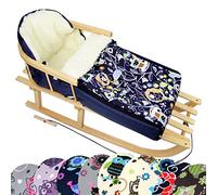 BambiniWelt Trineo de madera con respaldo y cuerda + saco de invierno universal (90 cm), también adecuado para portabebés, cochecito, cochecito, de lana en diseño de búho (búho art. 8)