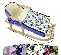 BambiniWelt Trineo de madera con respaldo y cuerda + saco de invierno universal (90 cm), también adecuado para portabebés, cochecito, cochecito, de lana en diseño de búho (búho § 10)