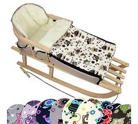 BambiniWelt Trineo de madera con respaldo y cuerda + saco de invierno universal (90 cm), también adecuado para portabebés, cochecito, cochecito, de lana en diseño de búho (búho art. 13)
