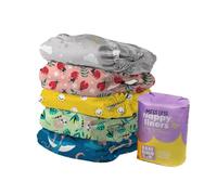 Bambino Mio, Pack de inicio de pañales de tela reutilizables: 5 pañales ajustables + 5 refuerzos de bambú y algodón + 1 rollo de 100 protectores desechables. Tus Héroes