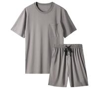 BAMBOO COOL Conjunto de pijama de 2 piezas para hombre, conjunto de pijama suave y cómodo, ropa de dormir para hombre, manga corta y pantalones cortos, conjunto de pijama con bolsillo, b-Gris, Large