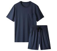 BAMBOO COOL Conjunto de pijama de 2 piezas para hombre, conjunto de pijama suave y cómodo, ropa de dormir para hombre, manga corta y pantalones cortos, conjunto de pijama con bolsillo, A-azul, Large
