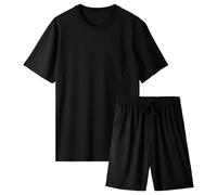 BAMBOO COOL Conjunto de pijama de 2 piezas para hombre, conjunto de pijama suave y cómodo, ropa de dormir para hombre, manga corta y pantalones cortos, conjunto de pijama con bolsillo, negro