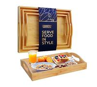 Bamboo Serving Trays with Handle - Set of 3 Wooden Trays That Nest - Large, Medium and Small Tray for Food, Ottoman Décor & More - Bamboo Trays for Breakfast in Bed - Natural Color