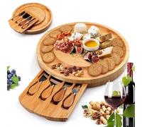 BAMBOOLEUM® Tabla de quesos redonda de bambú con cuatro cuchillos en cajones con cierre magnético