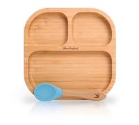 bambuskind Plato infantil con ventosa skyblueI Incluye libro electrónico de recetas, plato antideslizante de bambú con cuchara, juego de vajilla infantil para aprender a comer I sin plásticos nocivos