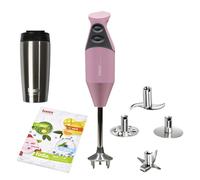 bamix Juego de batidora de mano M200 ToGO con cuchillo multifunción, 4 accesorios, vaso aislante, cuaderno de recetas de batidos, 200 W, 2 niveles, acero inoxidable, fabricado en Suiza, color rosa
