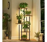 Bamworld Soporte alto para plantas con luz de crecimiento, soporte esquinero para plantas de interior, estante de esquina de madera de metal de 5 niveles con luces para sala de estar, dormitorio