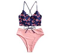 BañAdor De Dos Piezas Mujer,Floral Tankini Traje De BañO Ropa De Playa Mujer Entrecruzado Traje De BañO Festoneado Traje De BañO Tankinis Conjunto