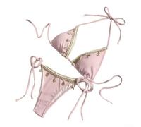 Bañador de dos piezas para mujer, monocolor, con cordones, parte delantera, longitud regular, moderadamente elástico, para verano, vacaciones, uso diario, traje de baño para mujer, dos piezas (XL rosa
