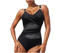 Bañador de mujer de moda de una pieza de color sólido con efecto de malla en la espalda para vacaciones y uso diario, longitud regular, traje de baño de una pieza para mujer (XXXL Black)