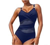 Bañador de mujer de moda de una pieza de color sólido con efecto de malla en la espalda para vacaciones y uso diario, longitud regular, traje de baño de una pieza para mujer (XXXL azul marino)
