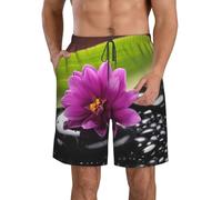 Bañador de Secado rápido para Hombre, Pantalones Cortos con Bolsillo, diseño de Flores moradas y Piedras Negras, para Playa.