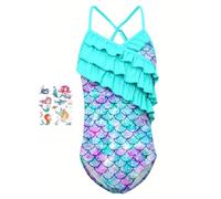 Bañador de Sirena para Niña con Traje de Baño de Una Pieza, Secado Rápido en Playa con Tatuajes Temporales de Sirena