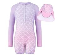 Bañador de Una Pieza para Niña de Mangas Largas con Protección UV Bañador de Sirena para Niñas con Tela Estampada Trajes de Baño para Niñas de 4 a 9 Años, 6-7 Años