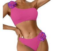 BañAdor Deportivo Mujer Bikinis Tallas Grandes Women's Spring/Summer Solid Color Breast Top Flower Decorated Two Piece Swimsuit 3D Bikini Set Trajes De BañO Mujer Conjuntos Verano Dos Piezas (Pink, L)