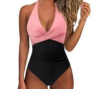 Bañador elástico para mujer de una pieza con patrón de bloque de color, longitud regular, para playa, vacaciones, ciclismo, yoga, actividades de verano, traje de baño de una pieza (XL rosa)