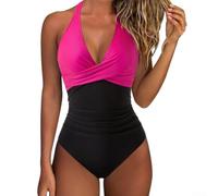 Bañador elástico para mujer de una pieza con patrón de bloque de color, longitud regular, para playa, vacaciones, ciclismo, yoga, actividades de verano, traje de baño de una pieza (XL rosa caliente)