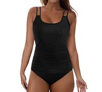 Bañador Manga Larga Mujer, Traje De Baño Push Up De Verano para Mujer Elegante Conjunto Tankini con Controlabdomen Color Liso Trajebaño con Volantes Top Sexyshortsbaño Trajebañodos Piezascintura