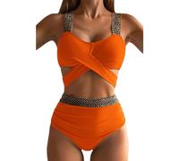 Bañador Menstrual Mujer Bikini Bandeau Mujer Traje de Baño de Piezas con Ribete Busto Bajo Y Cintura Alta con Dorada Y Ribete Banda Ancha Crochet Trajes Una Pieza Bañador (Orange XL)