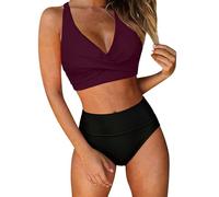 Bañador Menstrual para mujer de 2 piezas sexy - Bikini para mujer de 2 piezas alto cuello redondo corto mensual absorbente impermeable de cintura alta para piscina playa, Rojo Ladrillo3, XL