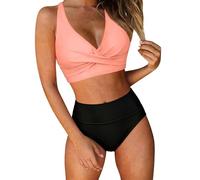 Bañador Menstrual para mujer de 2 piezas sexy - Bikini para mujer de 2 piezas alto cuello redondo corto mensual absorbente impermeable de cintura alta para piscina playa, Rosa claro3, XXL