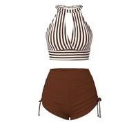 Bañador Mujer 2026 Bikini Bañador Talla Grande Solid Color Striped Two Piece Bikini Swimsuit Women Tight Sexy Sujetador Deportivo Swimming Costume Women (Brown M)