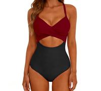 Bañador Mujer Natacion Reductor Trajes De Baño Traje De Baño Una Pieza para Mujer, Traje Sexy con Tirantes Calados A Juego Color Bañador Sin Tirantes Mujer Bañadores Señora (Wine, XXL)