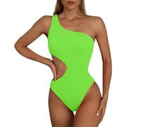 Bañador Mujer Natacion Trajes de Baño 2024 Sexy Reductor Barriga Swimsuit Un Hombro Color Sólido Bañadores Brasileño Deportivo Bañador con Relleno Arena Surf Bikinis Bra (Verde Fluorescente,M)