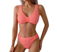 Bañador Mujer Palabra de Honor Bikinis Mujer de Women's Solid Color Seersucker Split Swimsuit with Wide Straps Comfortable Swimsuit Sexy Tube Top Bikini Red Point Bikini (Watermelon Red M)