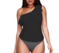 Bañador Mujer Sexy Bañadores Mujer con Aros Women's Two Piece Swimsuits One Shoulder Tankini Tummy Bathing Suits Swimwear Bañador Despedida Soltera Bañadores de (Black S)