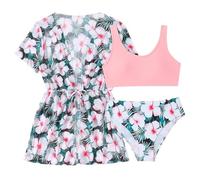 Bañador Natacion Niña, Conjunto de Bikini de 3 Piezas para Niñas con Kimono - Traje de Baño Floral para Edades de 8 a 14 Años