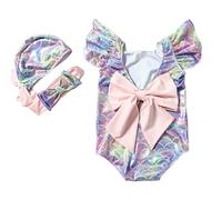 Bañador Niña 2-10 Años Natacion Una Pieza Bañadores Adolescente Chica Volantes Sirena Estampado Traje de Baño Piscina sin Espalda Ropa de Baño con Gorro y Diadema Deportivo Playa (Púrpura, 3-4 años)