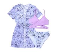 Bañador Niña Natacion, Conjunto de Bikini y Kimono Infantil con Estampado Corazones para Niñas Edad 8 a 14 Años Traje Baño Verano Playa