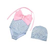 Bañador Niña y Gorro, Traje de Baño Bebe Halter con Lazo Y Brillante Lentejuelas, Lindo Ropa de Baño de Una Pieza con Estampado de Escamas de Pez para Chica Swimwear sin Espalda Piscina Playa Mar