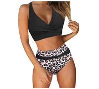 Bañador para mujer de 2 piezas sexy - Bikini para mujer de 2 piezas, camiseta con almohadillas extraíbles, cintura alta con estampado de leopardo, estilo elegante para playa, piscina, vacaciones de