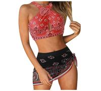 Bañador para mujer de 3 piezas, brassiere Tops de traje + bragas medias de traje + caché falda corta Swimsuit Women Retro set bañador vintage bikini set sexy top + slip + falda, #01-rojo., L