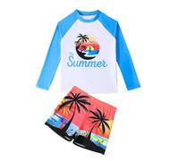 Bañador para niños 2026 Conjunto de Traje de Baño de Dos Piezas Estilo Playa Para Niños, Top De Manga Larga Y Con Pantalones Cortos De Verano Traje De Natación Protector Solar Boxers, azul, 9-10 años
