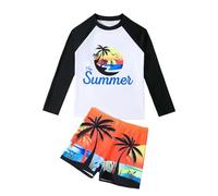 Bañador para niños 2026 Conjunto de Traje de Baño de Dos Piezas Estilo Playa Para Niños, Top De Manga Larga Y Con Pantalones Cortos De Verano Traje De Natación Protector Solar Boxers, Negro , 11-12