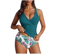 Bañador Push Up con Relleno, Tankini De Dos Piezas para Mujer con Control De Abdomen Sexyefecto Push Up Color Liso Top Cruzado Y Shortsbañocintura Alta Ideal para La Playa