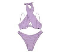 BañAdor Push up con Relleno Traje De BañO Mujer Traje de baño Mujer Sexy Colorido Dividido con cojín en el Pecho Soporte y Cuello Fruncido Bikini Sin Tirantes Tankinis (Purple, XXL)