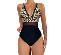 Bañador Reductor Mujer Reductores Trajes De Baño Women Summer Beach Fashion Split Flower Print Large Fashion Split Swimsuit Bañador Mujer Natacion Bañadores Talla Grande (Khaki S)