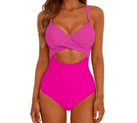 Bañador Reductor Push Up Traje De Baño Mujer Traje De Baño Una Pieza para Mujer, Sexy con Tirantes Calados A Juego Color Bañador Vientre Plano Mujer Bañadores Reductores (Pink, XL)