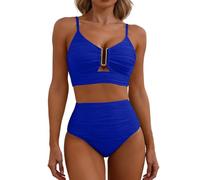 Bañador Talla Grande Mujer Bañadores Una Pieza Bikini De Mujer con Escote En V Y Corte Alto Traje De Baño Plisado Texturizado Bañador Talla Grande Bikini Reductor Pecho (Blue S)